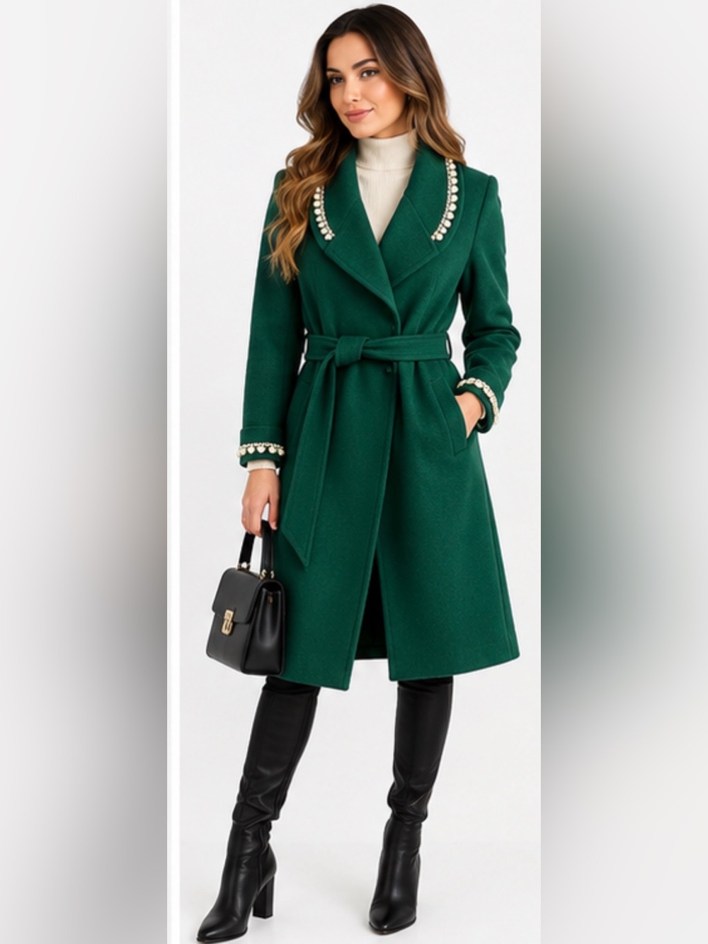 Gardenya Emerald Green Pearl Detail Belted Coat – Size 38